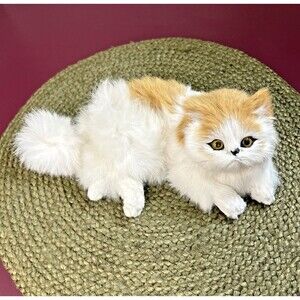 Vintage Realistic Kitty Cat Figure 10” Tan White Rabbit Fur Hard Body